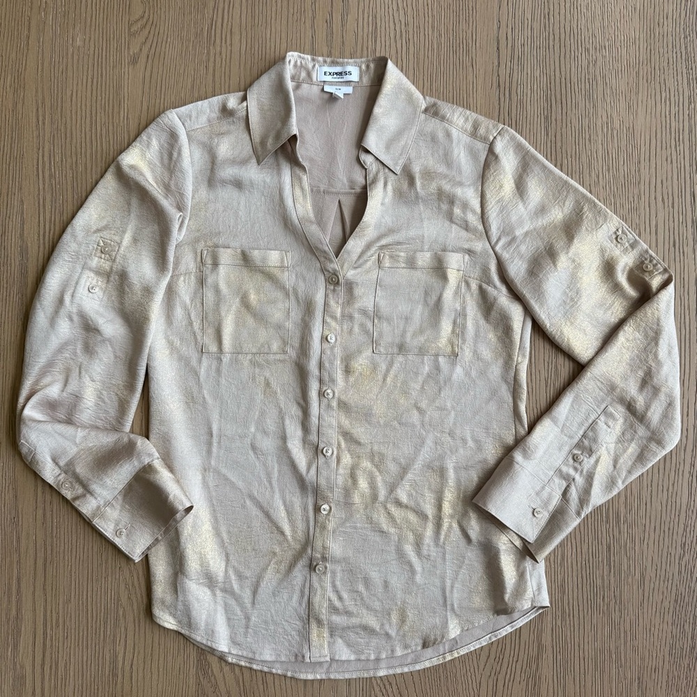 Express Tan With Gold Shimmer Long Sleeve Portofino Shirt